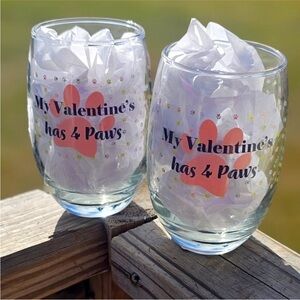 "My Valentine's Has 4 Paws" 2-Piece Stemless Wine Glasses Set